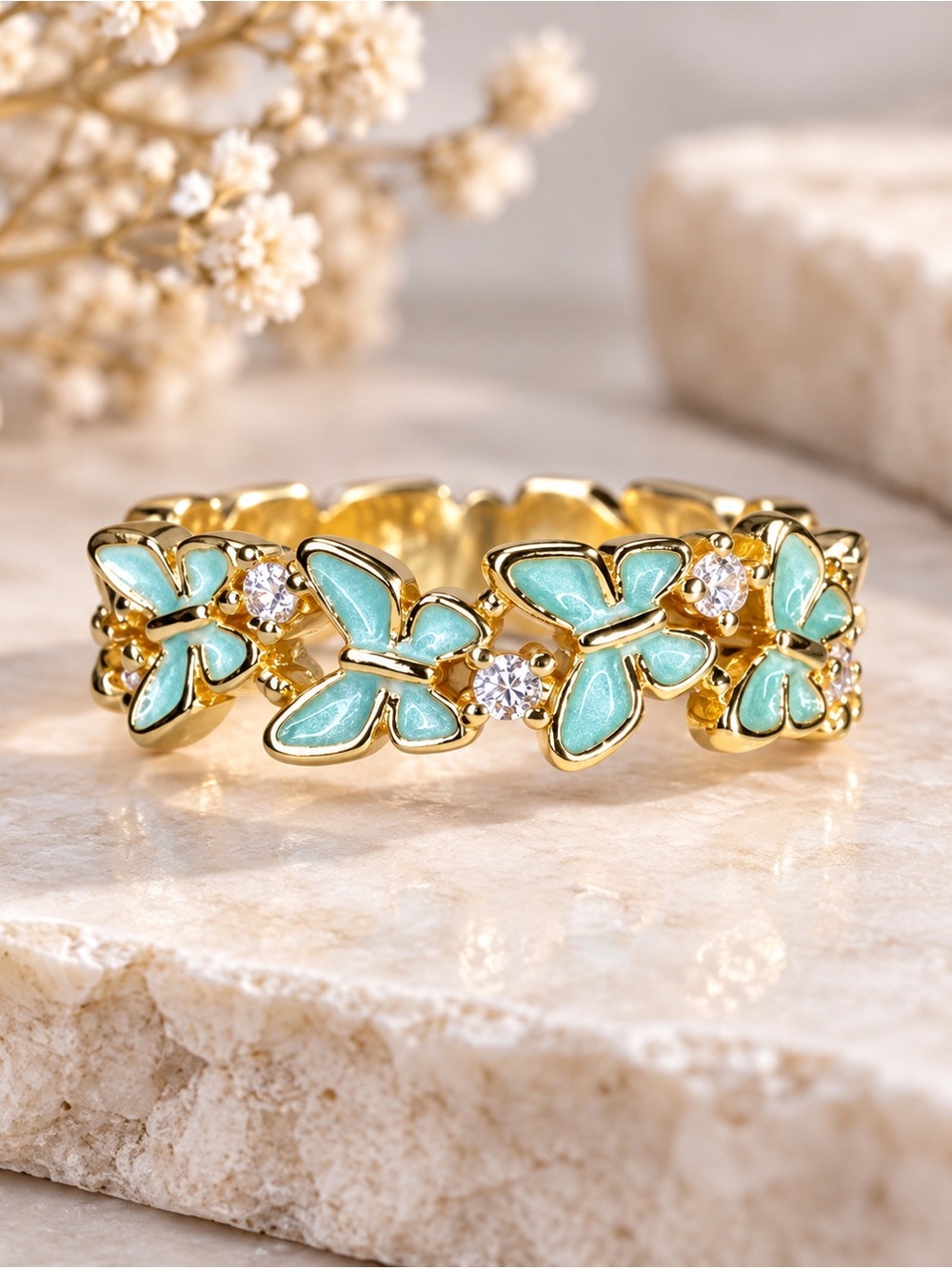 Gold Tone Turquoise Butterfly Open Band Ring | Adjustable Floral CZ Accent